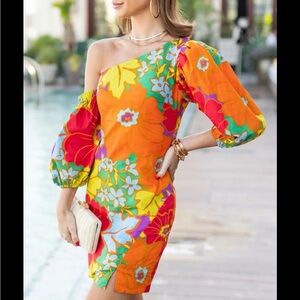 Olivaceous Orange Floral One-Shoulder Mini Dress